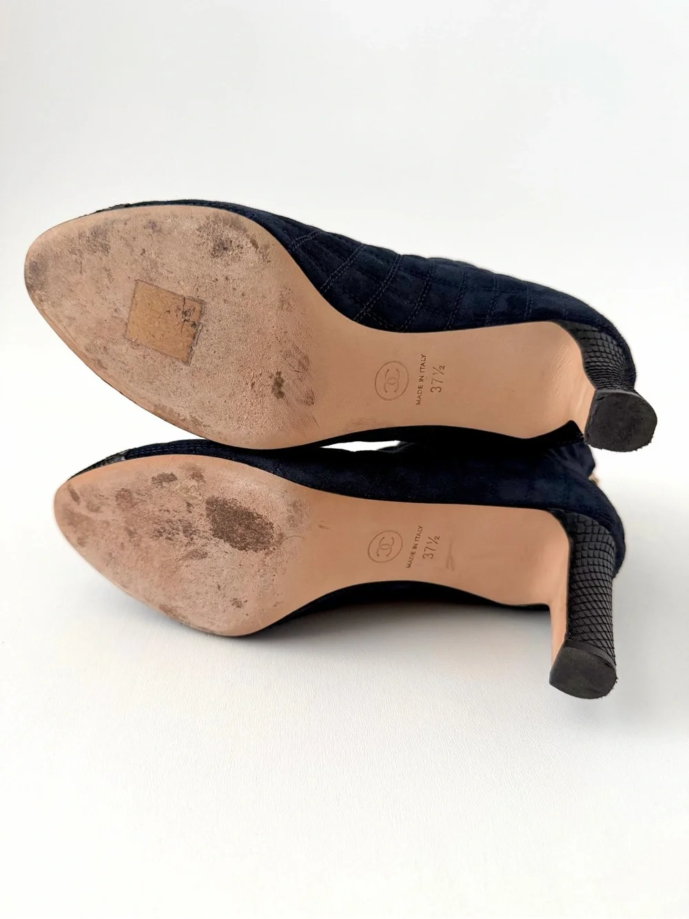 CHANEL | Quilted Suede CC Python Cap Toe Camellia Navy Black Booties EU 37.5